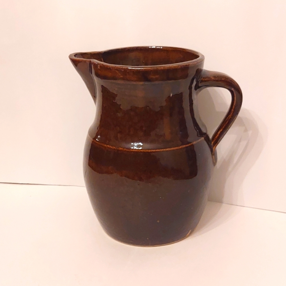 Vintage Glazed Stoneware Pitcher w/ Handle and Textured Base